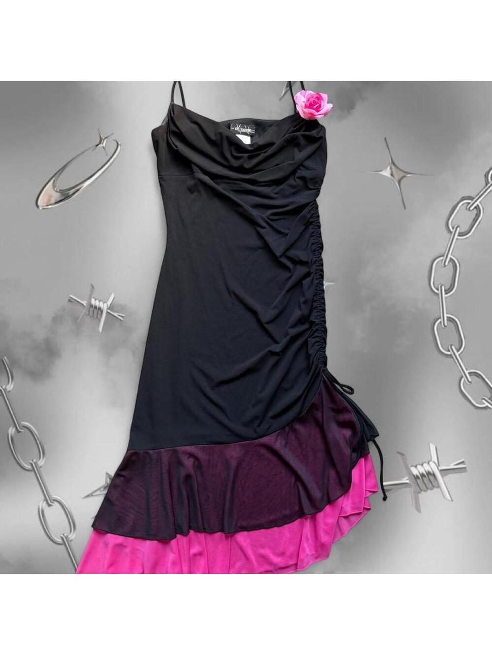 Y2K Girly Pink Black Ruffle Ruched Mini Dress City Triangles XL